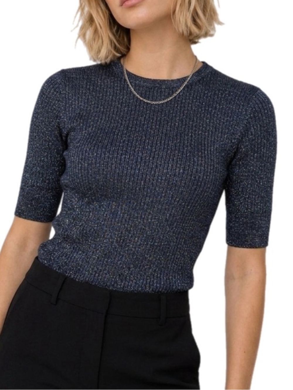 Tory Burch | Navy Blue Ribbed Short-Sleeve Metallic Knit Top - Silver Sparkle